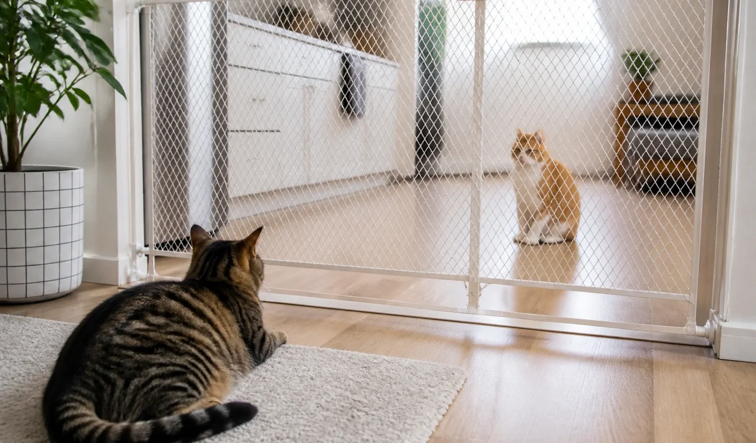 Dois gatos se observando durante adaptação gradual em casa.