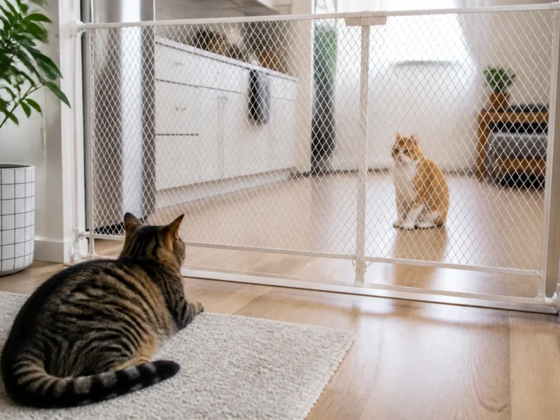 Dois gatos se observando durante adaptação gradual em casa.