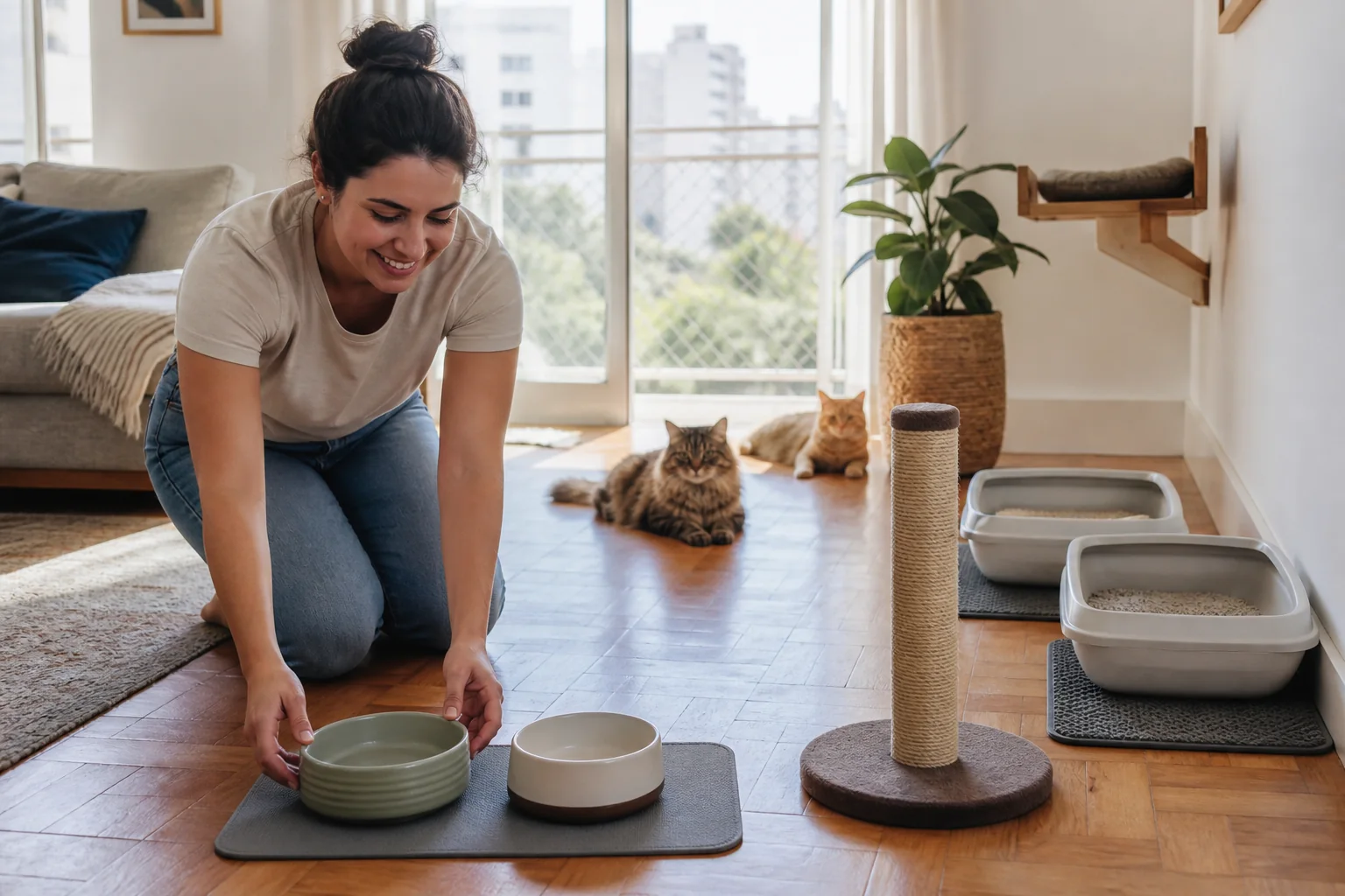 Tutora organizando recursos separados para dois gatos durante adaptação.