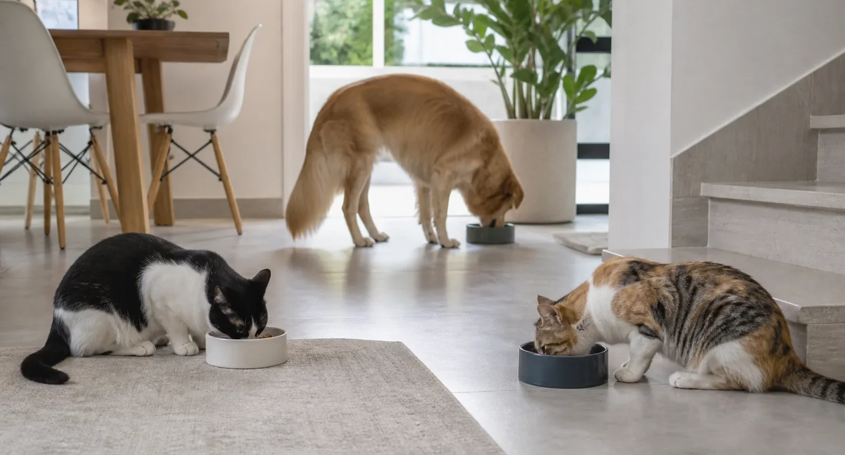 Dois gatos e um cão se alimentando em estações separadas em casa.