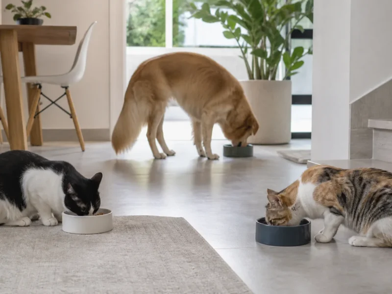 Dois gatos e um cão se alimentando em estações separadas em casa.