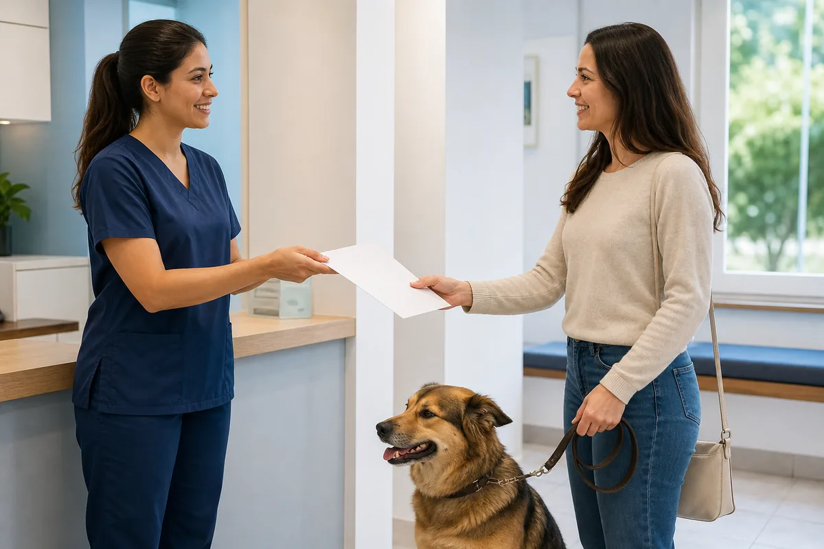 Veterinária entrega orientações de alta para tutora e seu cão