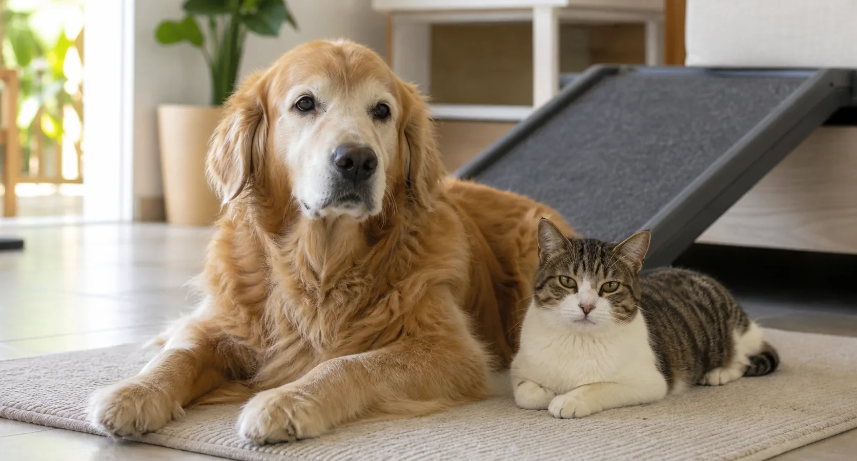 Cão e gato idosos descansando perto de uma rampa baixa em casa.