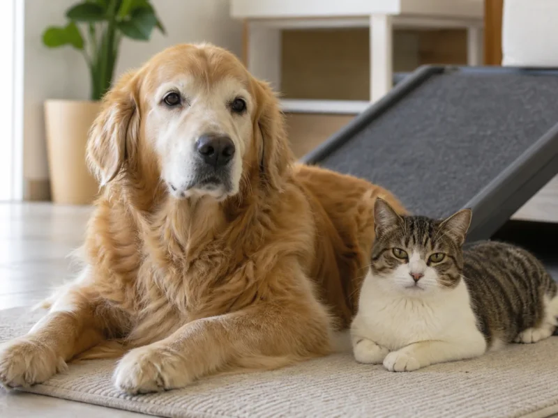 Cão e gato idosos descansando perto de uma rampa baixa em casa.