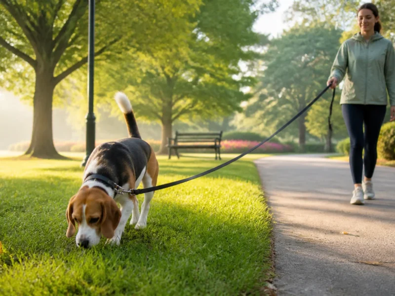 Beagle em passeio seguro com guia e tutora em parque.