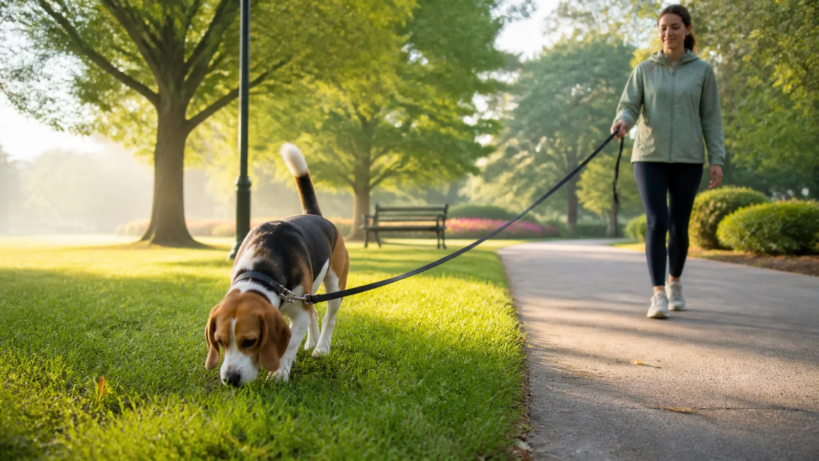 Beagle em passeio seguro com guia e tutora em parque.