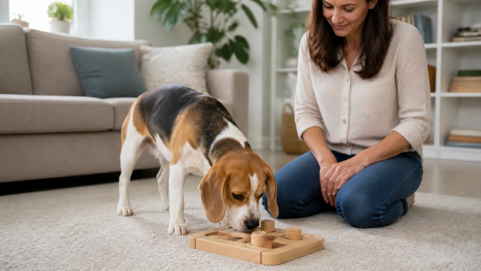 Beagle usando brinquedo de enriquecimento alimentar em casa.