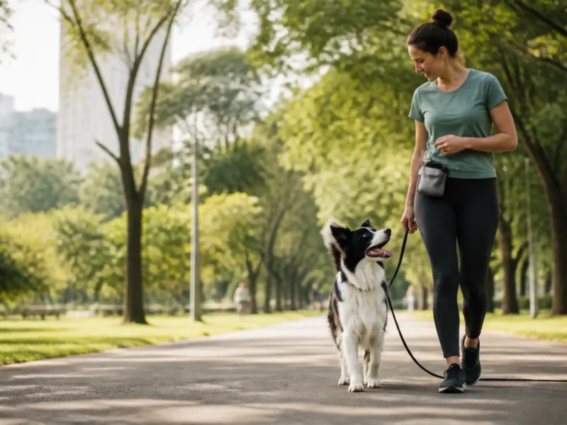 Border Collie em passeio controlado com tutor em parque urbano.