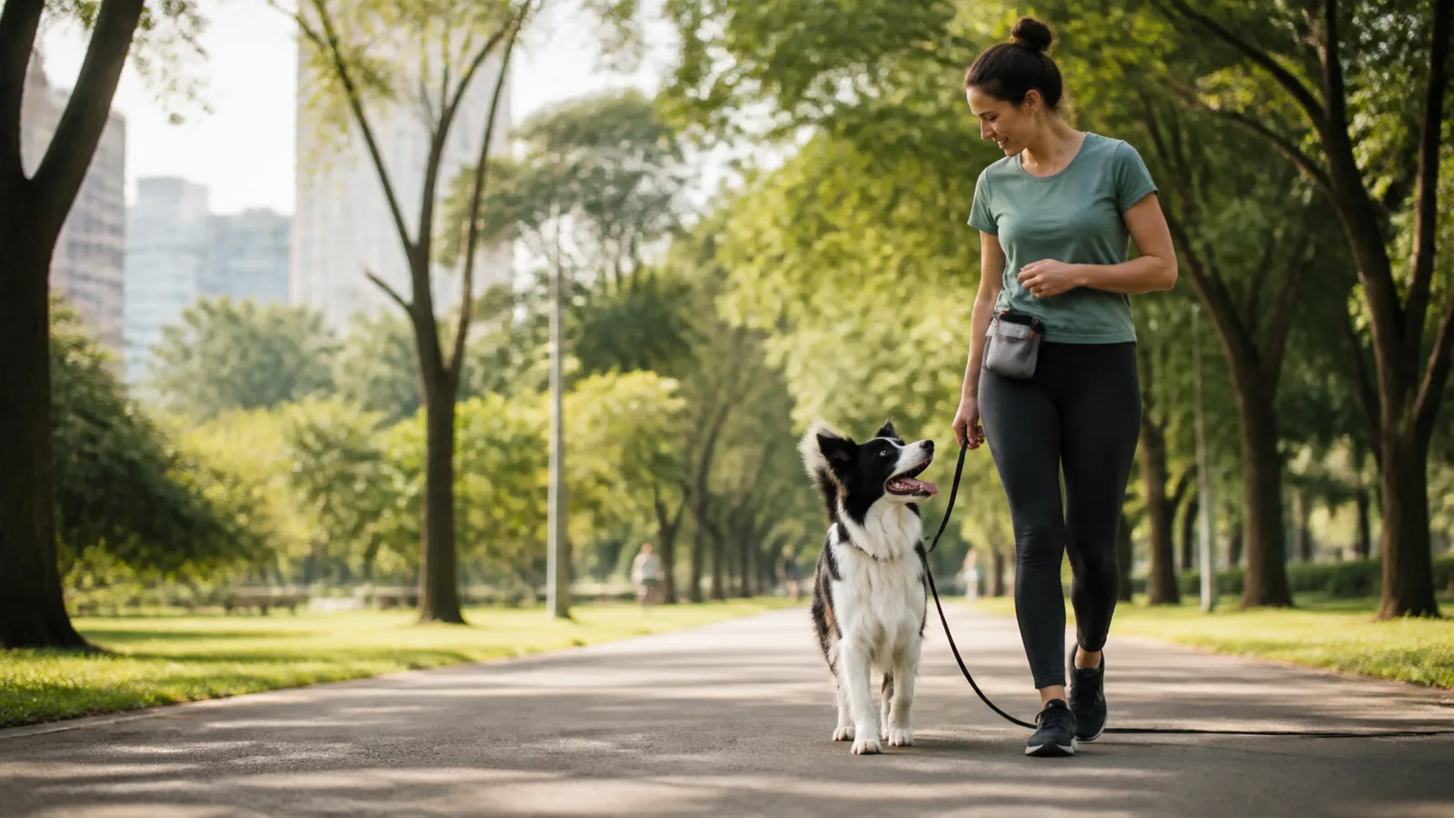 Border Collie em passeio controlado com tutor em parque urbano.