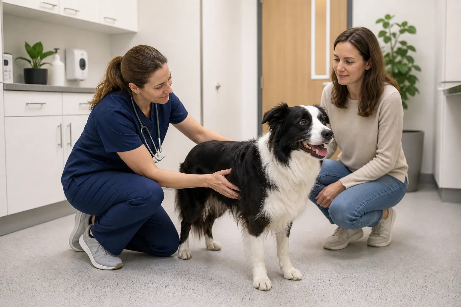 Border Collie em consulta veterinária de rotina.