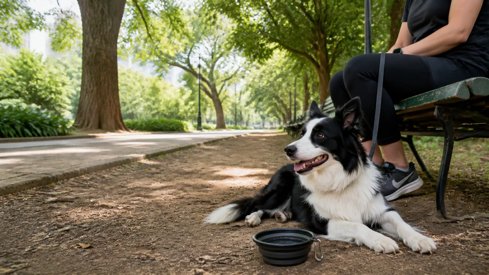 Border Collie descansando com tutor após passeio tranquilo em parque.