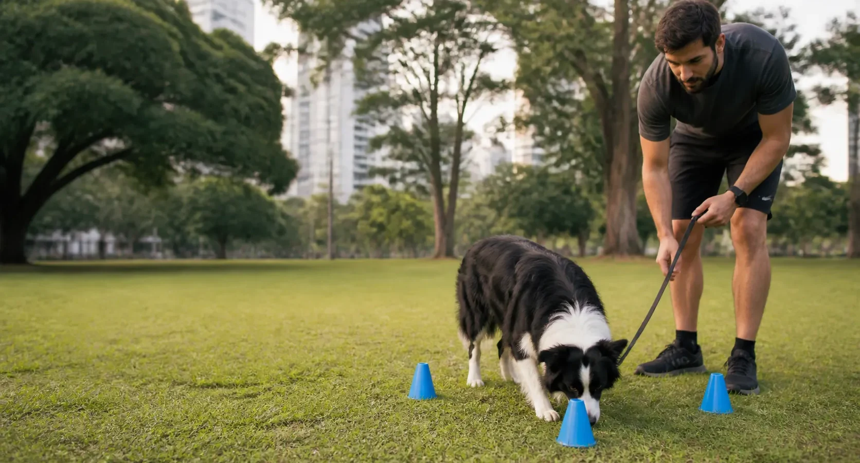 Border Collie em atividade ao ar livre com sua tutora.