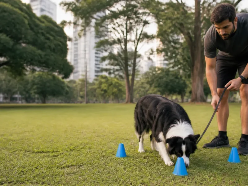 Border Collie em atividade ao ar livre com sua tutora.