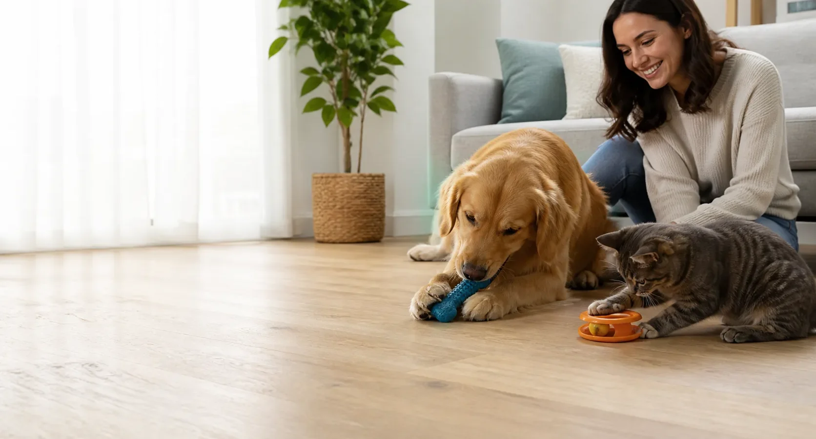 Cão e gato explorando brinquedos seguros em ambiente doméstico organizado.