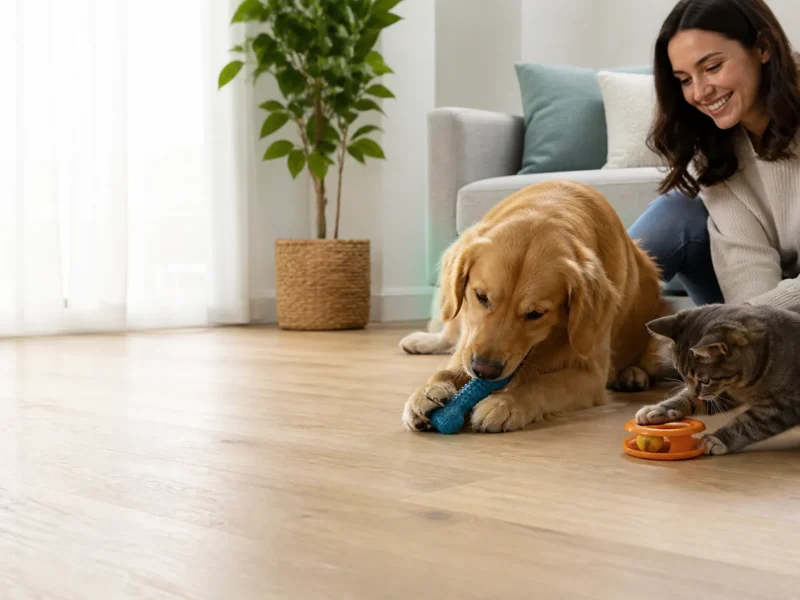 Cão e gato explorando brinquedos seguros em ambiente doméstico organizado.