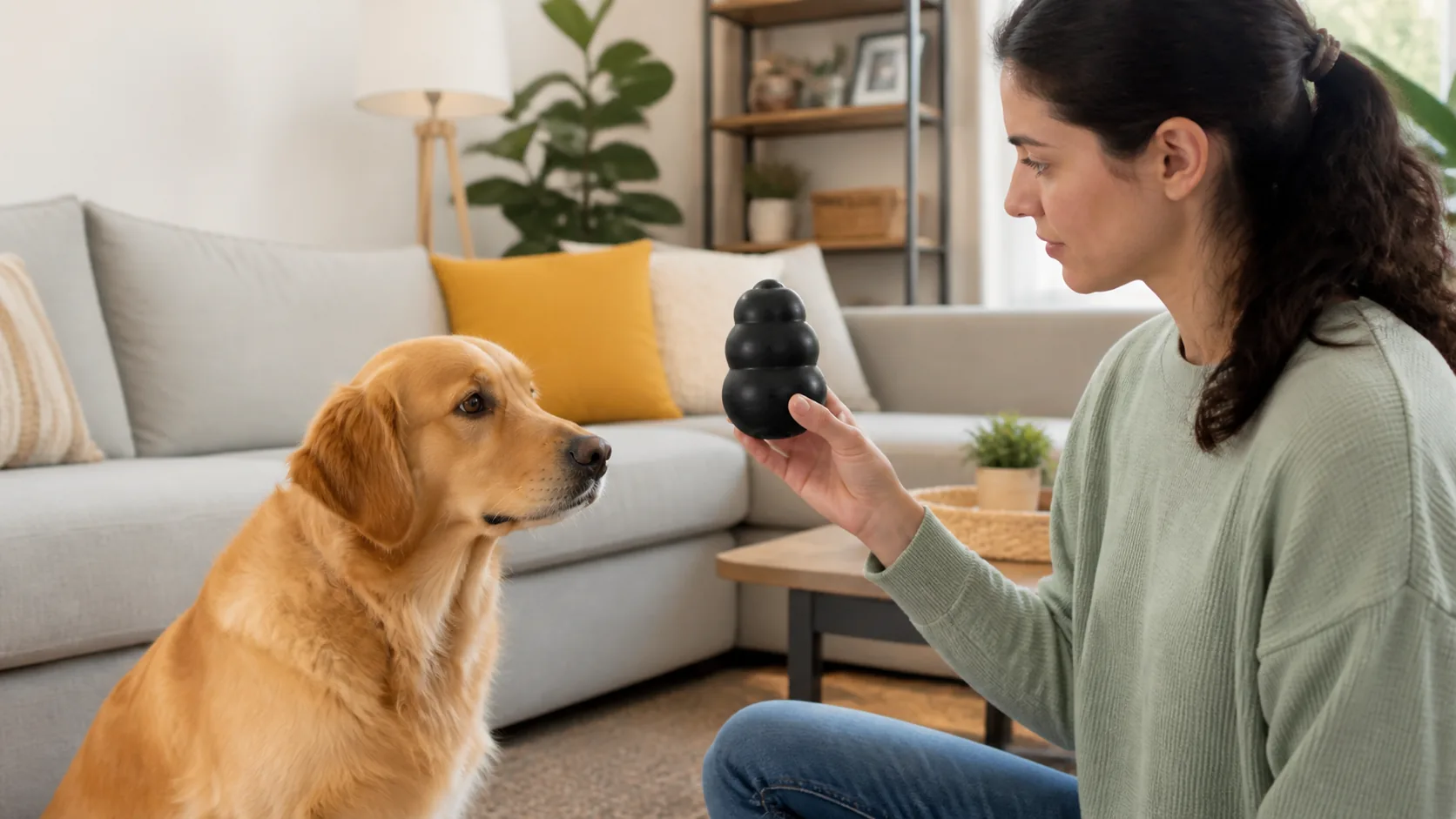 Tutora conferindo o estado de um brinquedo de borracha para cão.