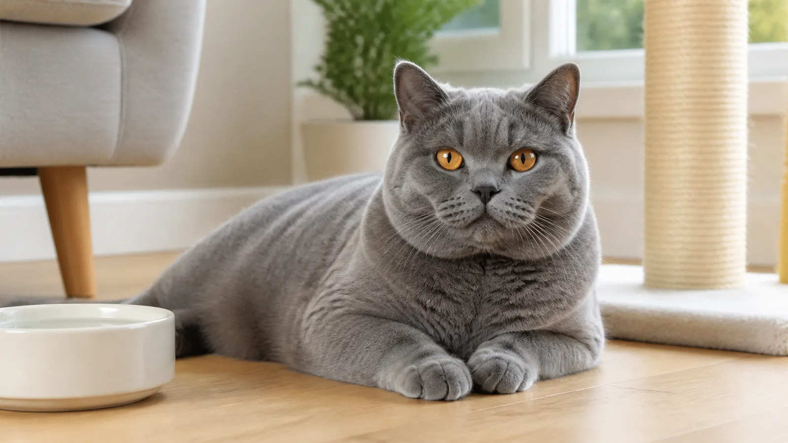 Gato British Shorthair em casa para artigo de cuidados