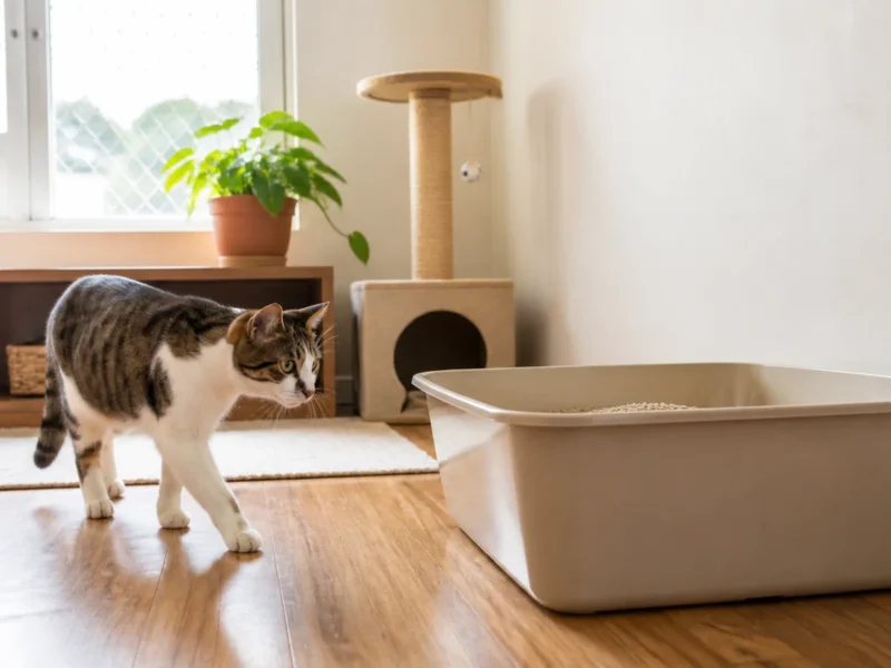 Gato doméstico se aproximando de caixa de areia limpa em ambiente tranquilo.