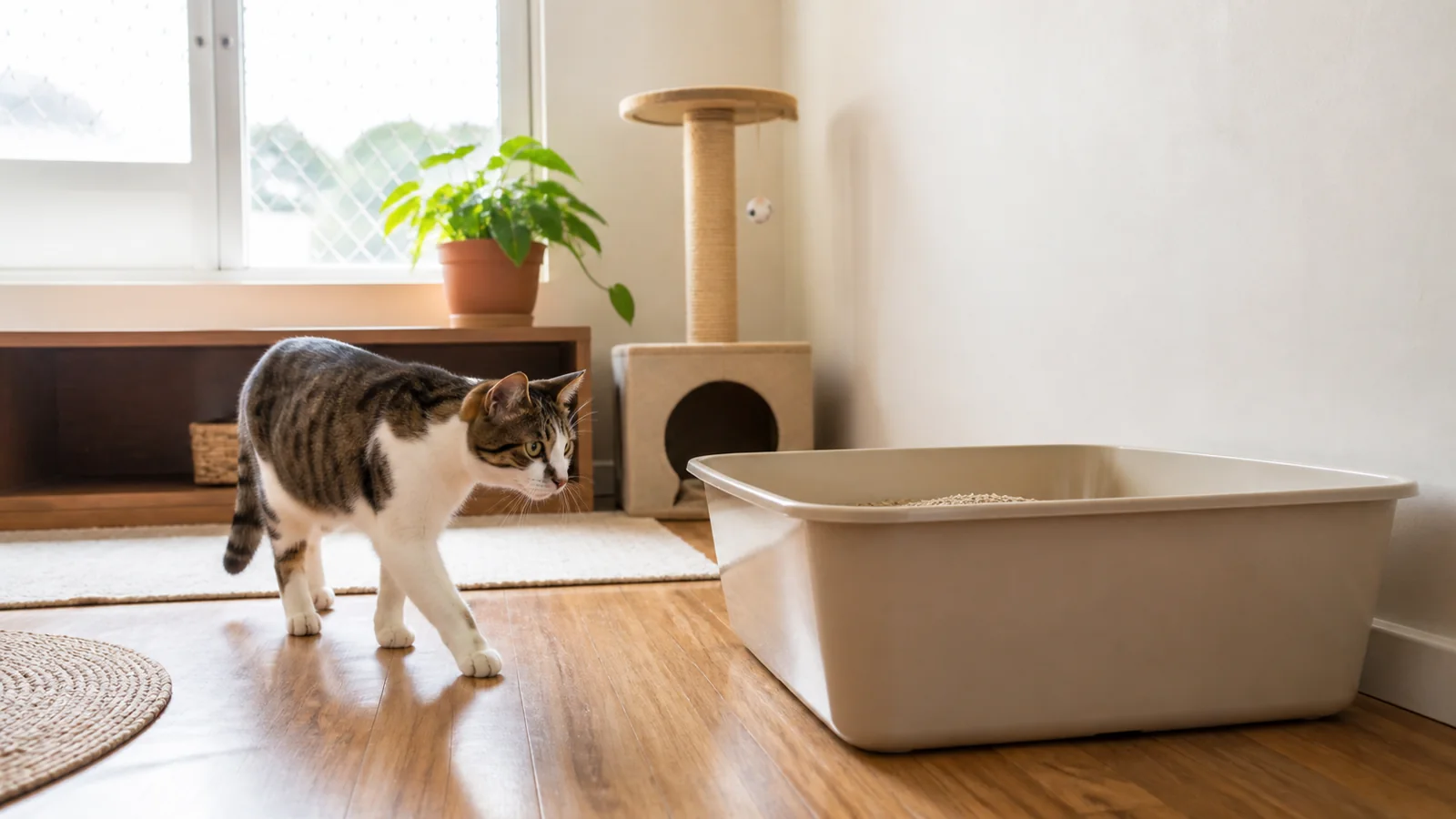 Gato doméstico se aproximando de caixa de areia limpa em ambiente tranquilo.