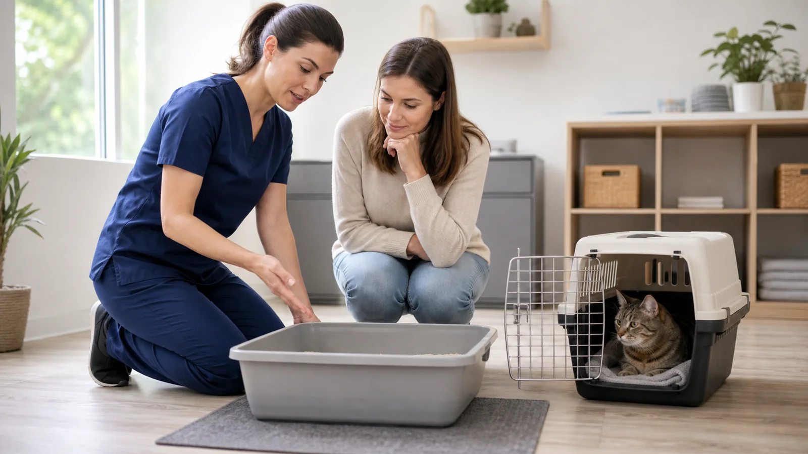 Veterinária orientando tutora sobre caixa de areia para gatos.