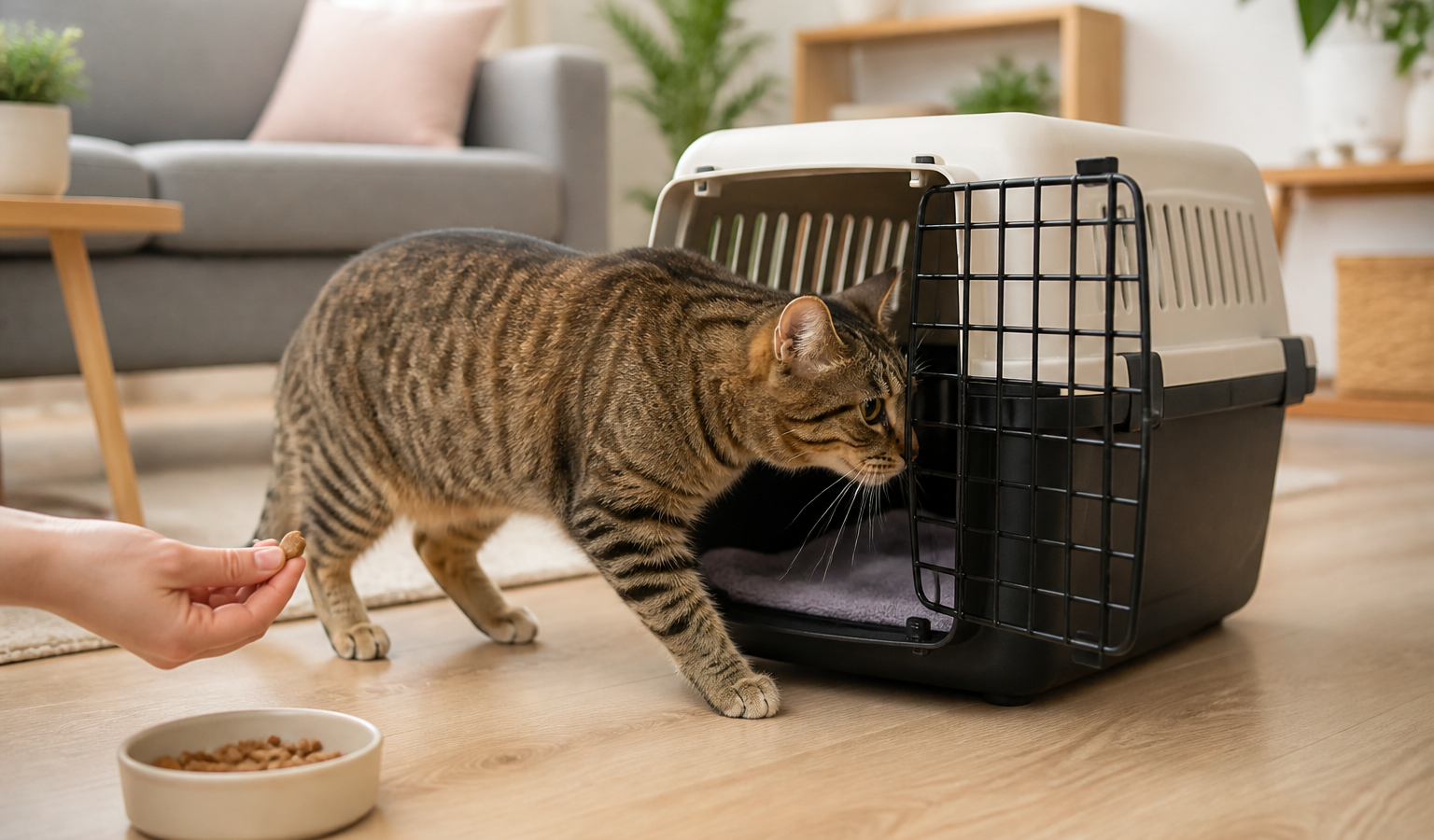 Gato entrando voluntariamente em caixa de transporte aberta