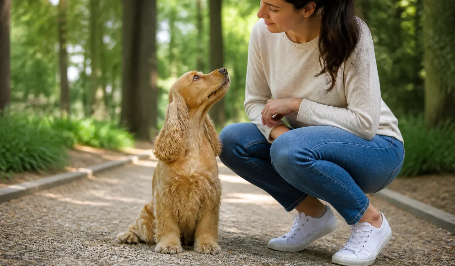 Cocker Spaniel em passeio tranquilo com sua tutora.