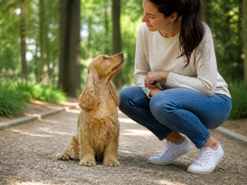 Cocker Spaniel em passeio tranquilo com sua tutora.