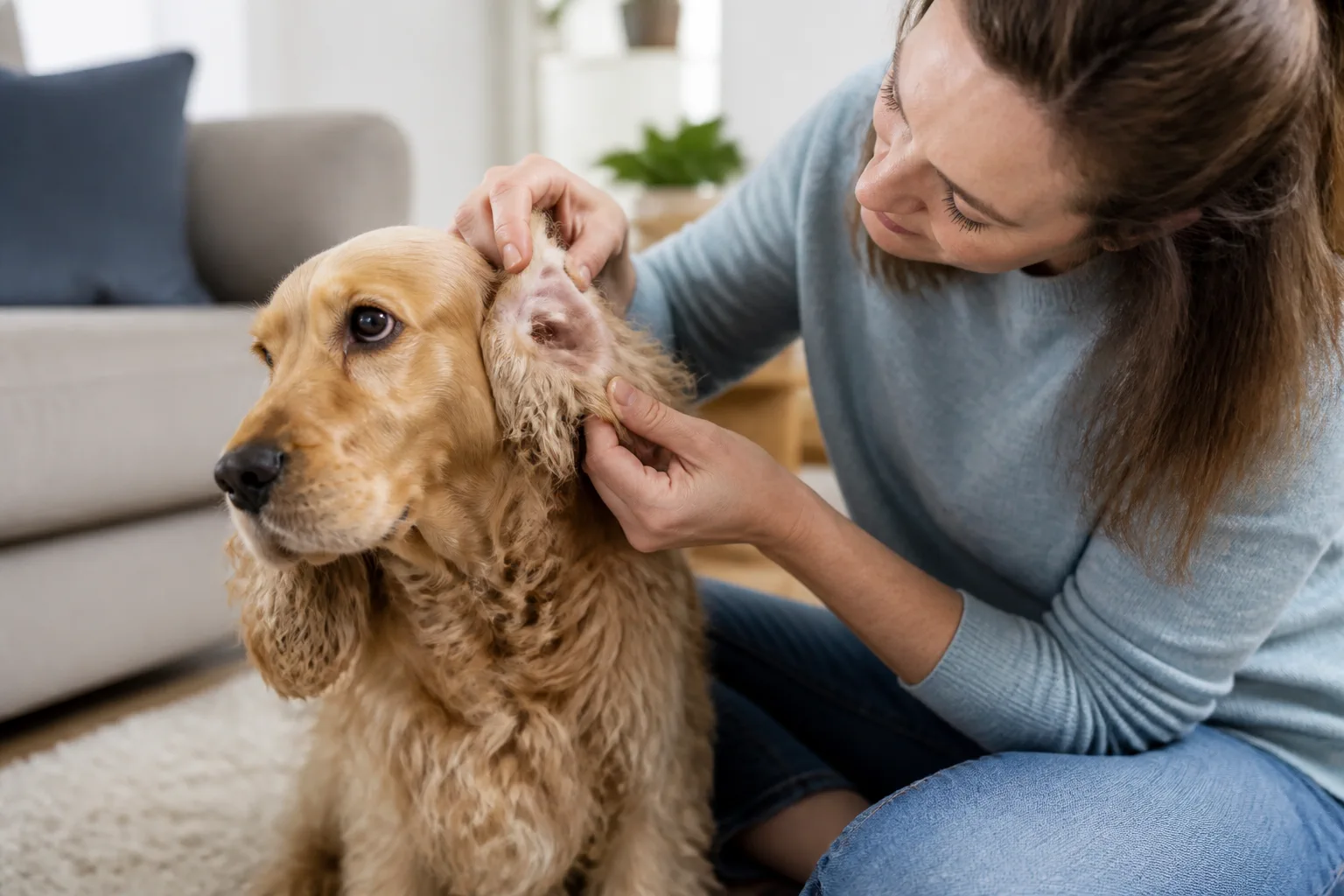 Tutora observando cuidadosamente a orelha de um Cocker Spaniel calmo.