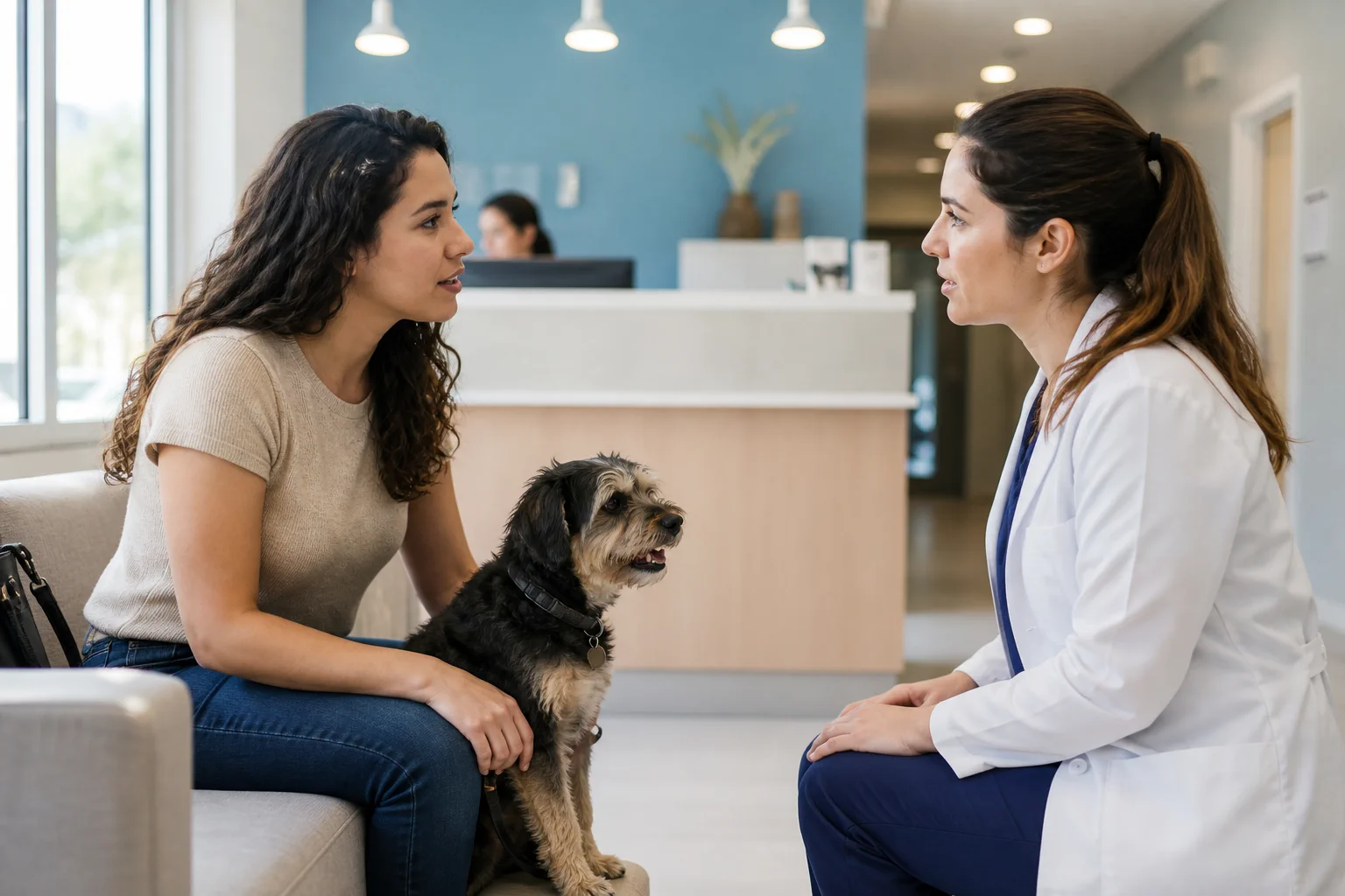 Imagem ilustrativa de tutora conversando com médica veterinária em recepção
