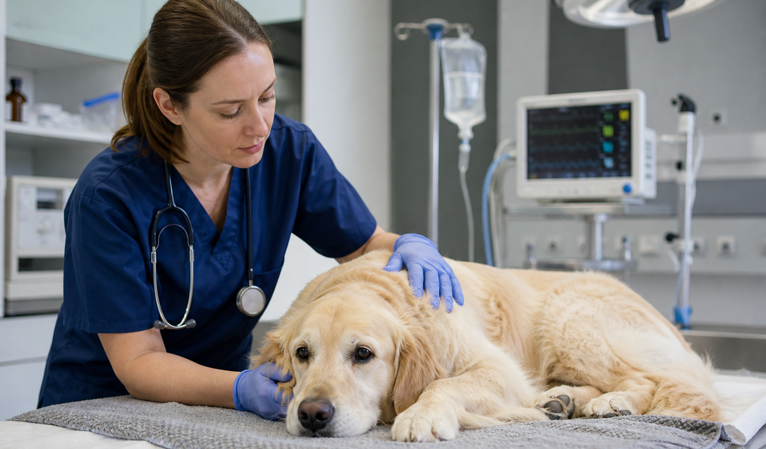 Veterinário avaliando cão após episódio convulsivo