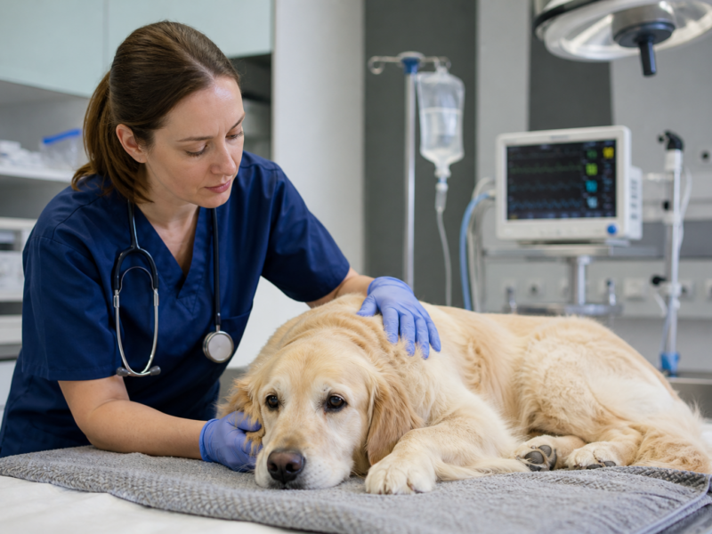 Veterinário avaliando cão após episódio convulsivo