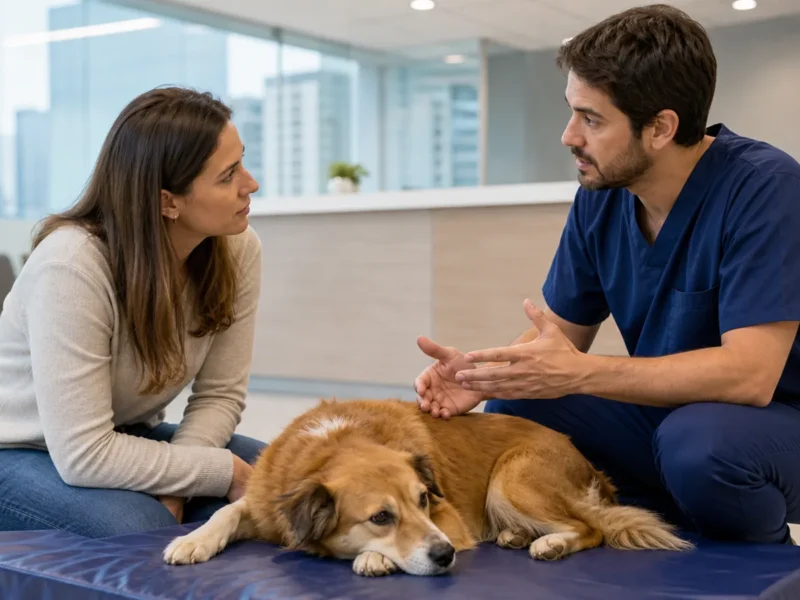 Veterinária orientando tutor ao lado de cão em ambiente clínico tranquilo.