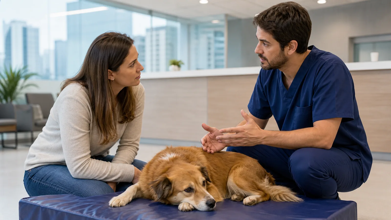 Veterinária orientando tutor ao lado de cão em ambiente clínico tranquilo.