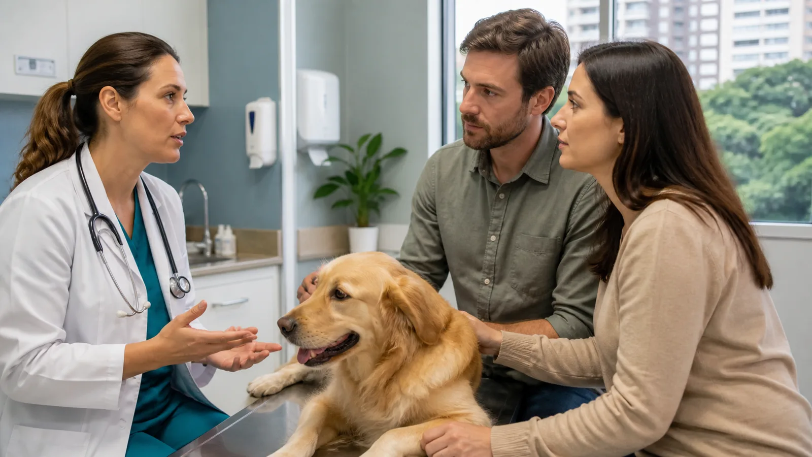 Veterinária explicando cuidados de segurança a tutores ao lado de um cão em consulta.