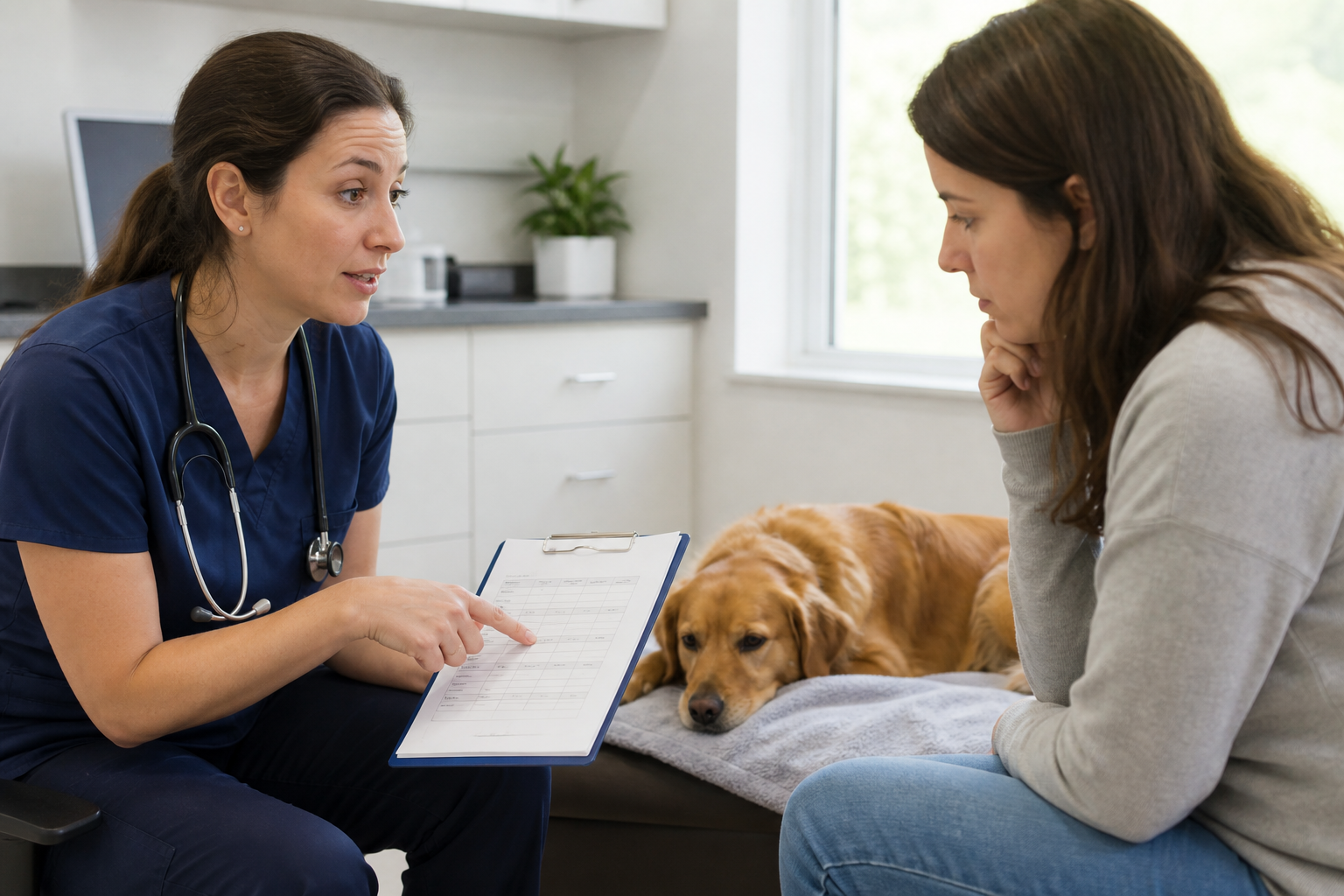 Veterinário orientando tutor sobre registro de convulsão em cão