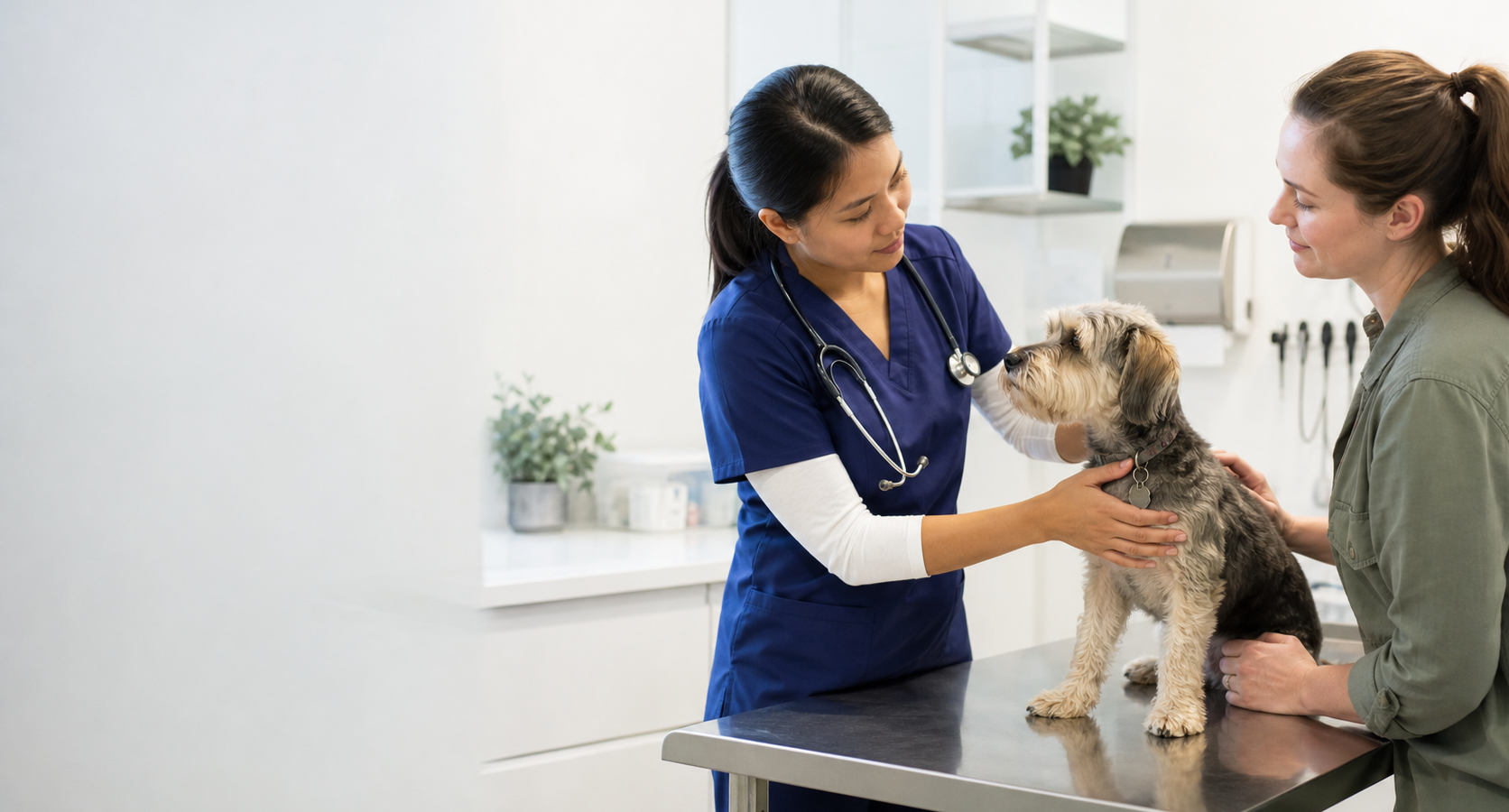 Veterinária examina cão pequeno em consulta enquanto a tutora acompanha.