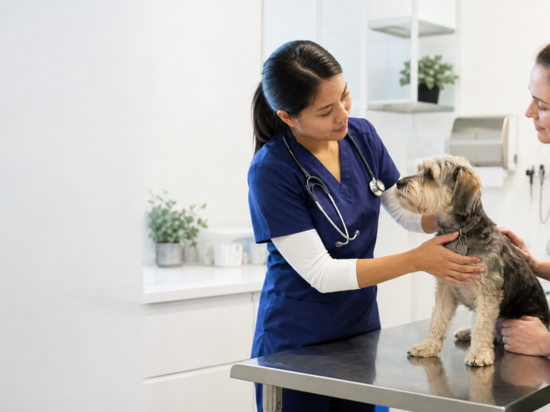 Veterinária examina cão pequeno em consulta enquanto a tutora acompanha.