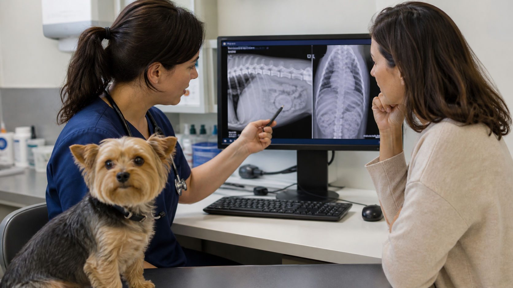 Veterinária explica imagens radiográficas à tutora de cão em consulta clínica.