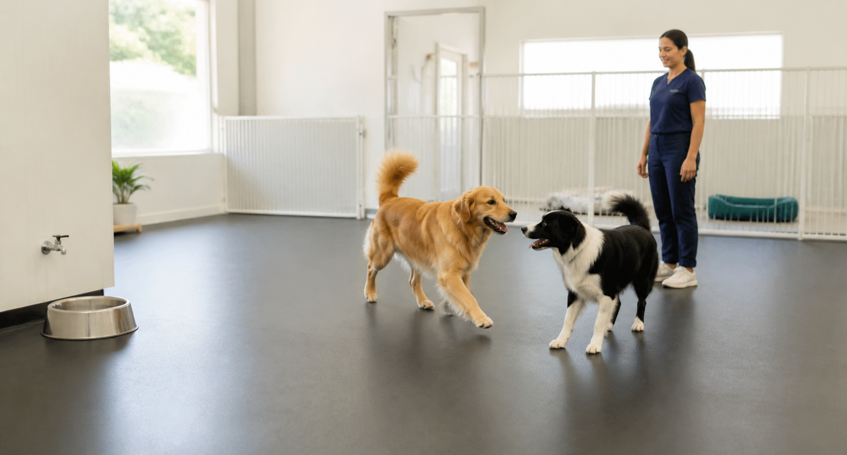 Dois cães interagem em ambiente interno supervisionado de creche canina.