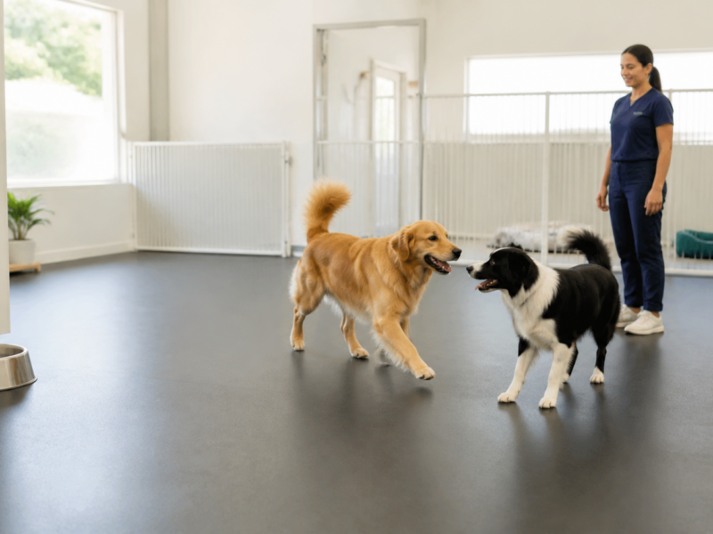 Dois cães interagem em ambiente interno supervisionado de creche canina.