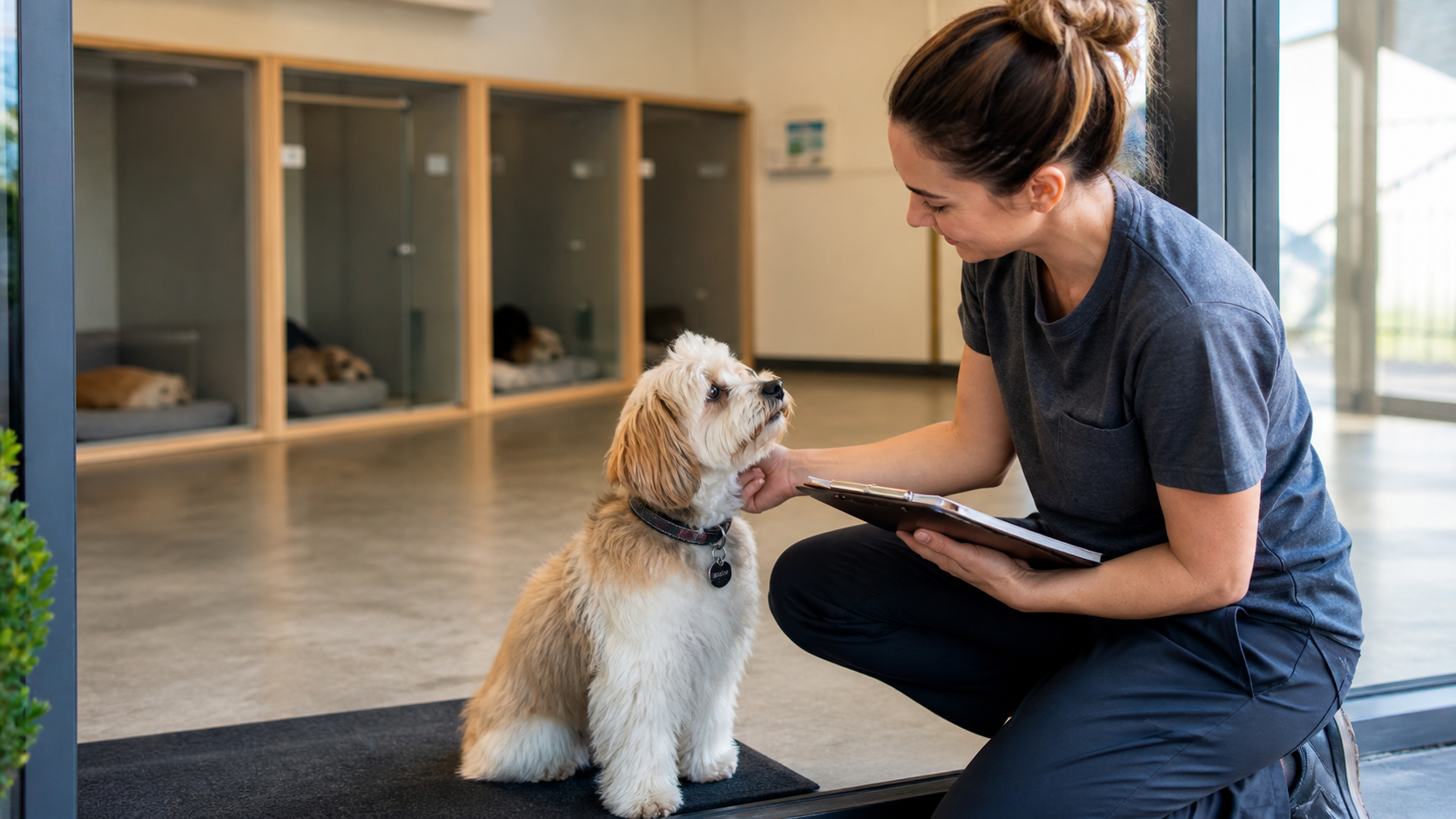 Profissional recebe cão em hospedagem e confere informações de rotina.