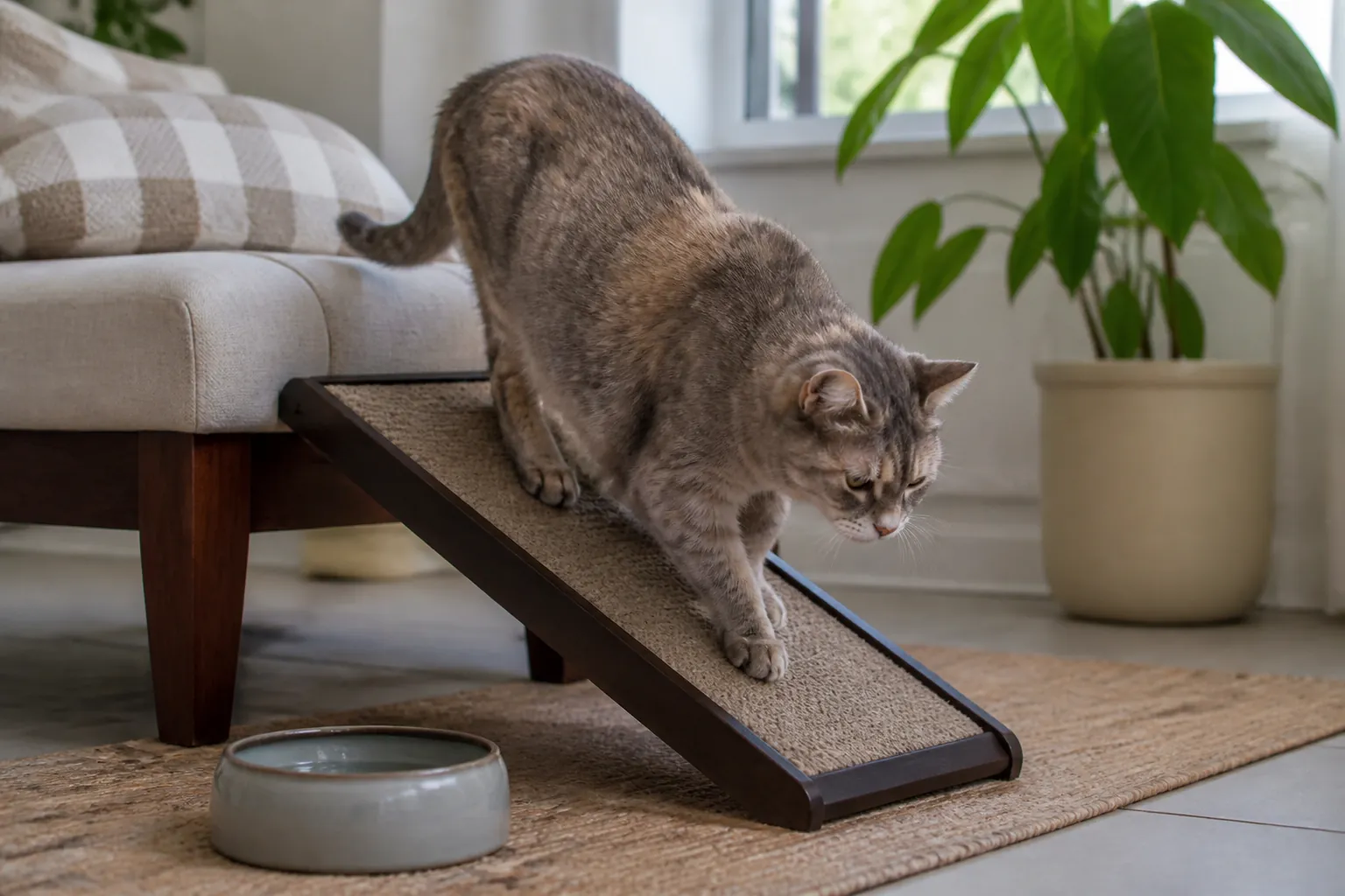 Tutora adaptando o ambiente de casa para o cuidado de um pet idoso.