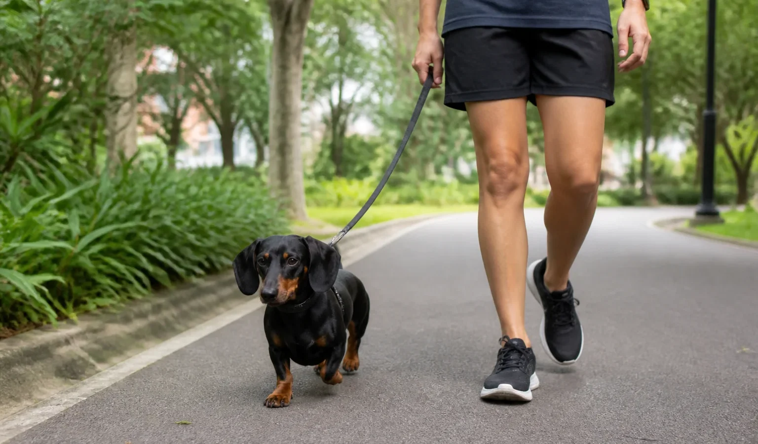 Dachshund adulto caminhando em piso plano durante passeio com tutora.