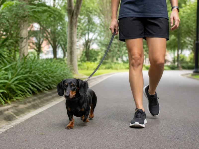 Dachshund adulto caminhando em piso plano durante passeio com tutora.