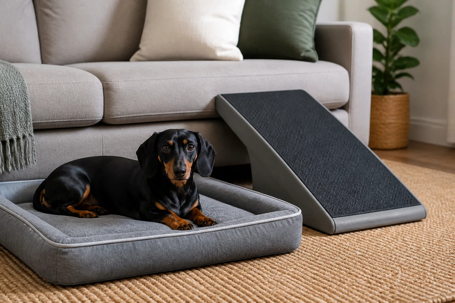 Dachshund descansando em cama baixa ao lado de rampa estável em ambiente doméstico.