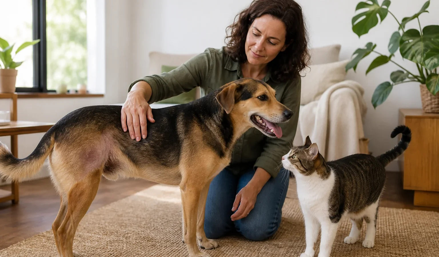 Tutora observando a pele de um cão ao lado de um gato em casa.