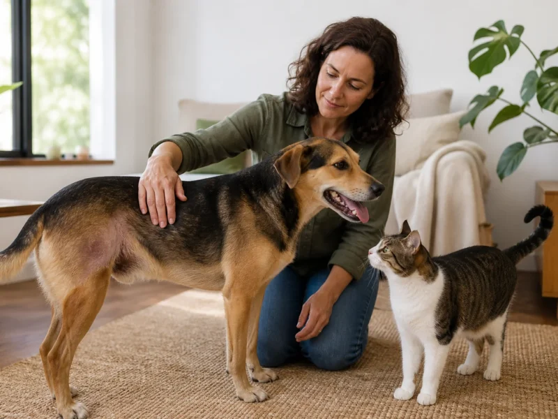 Tutora observando a pele de um cão ao lado de um gato em casa.