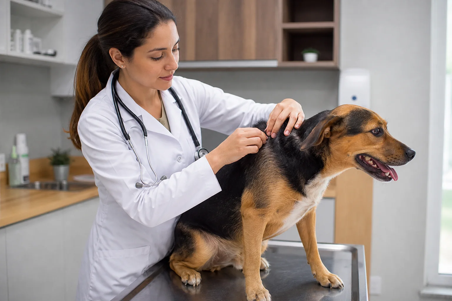 Médica veterinária avaliando alterações na pele de um cão durante consulta.