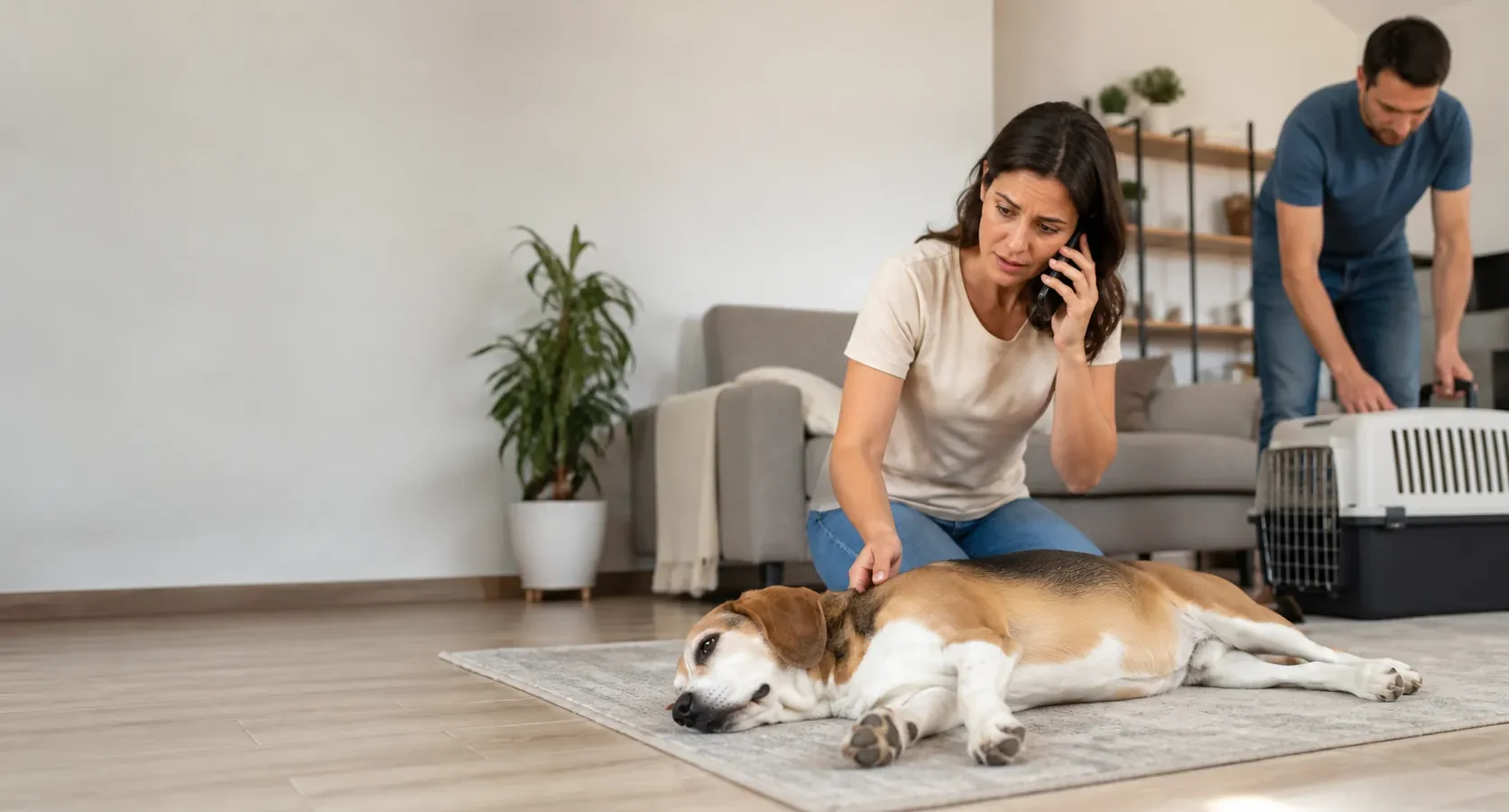 Tutor transportando um cão com segurança para atendimento veterinário.
