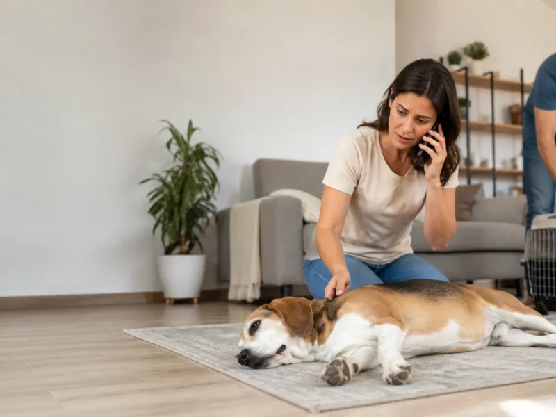 Tutor transportando um cão com segurança para atendimento veterinário.
